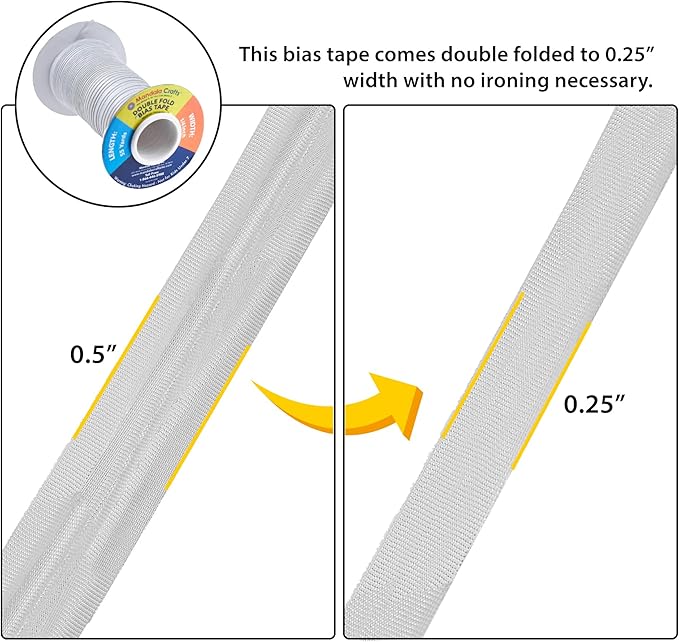 Mandala Crafts 55 Yards 1/4 Inch Metallic Silver Double Fold Bias Tape for Sewing - Bias Binding Tape for Quilting Binding, Hemming, Seam, and Fabric Piping