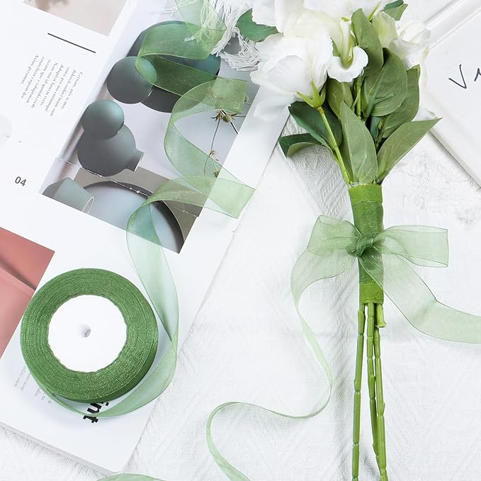 Sage Green Ribbon for Gift Wrapping 1 inch Sheer Organza Ribbon for Flower Bouquet Tulle Thin Chiffon Ribbons for Wedding Invitations Presents Decorations Crafts 50 Yards