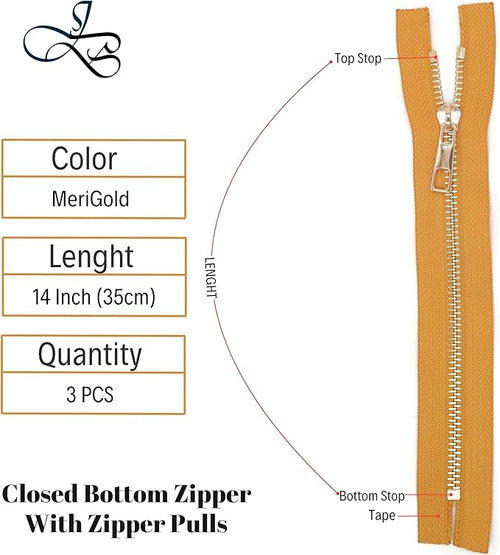 #5 Gold Metal Zipper - 50+ Colors - 3 PCS - (4-14 inches) Sizes - Luxury Lightweight Handcraft Metal Zippers with pulls for Purses Bags Pockets Shoes Sewing & Crafts DIY ZP021414