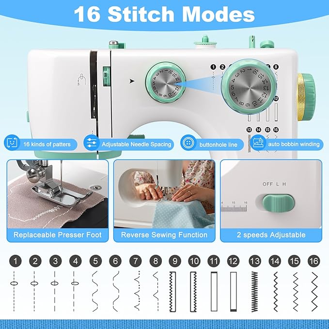 Mini Sewing Machine for Beginners with 32 PCS Threads Kit,16 Built-In Stitches, Multifunctional Portable Sewing with Foot Pedal Small Sewing Quilting Machine for Mending