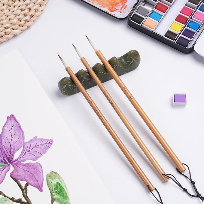 Fuumuui Chinese Calligraphy Brush, 3pcs Writing Brush Ink Painting Bamboo Watercolor Brushes Set Wolf Sheep Mix Brushes for Beginner Adult Professional Painting Tools