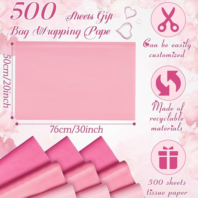 Qilery 500 Sheets Pink Tissue Paper Bulk for Gift Bags 20 x 30 Inch Acid Free Wrapping Paper Sheets for Valentine's Day Decoration DIY Crafts, Packing Supplies for Moving, Wedding Party, DIY Flowers