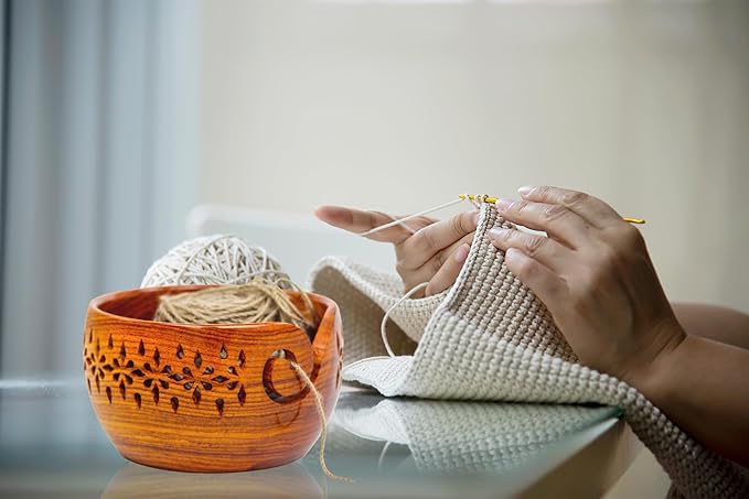 Nagina International Rosewood Crafted Wooden Yarn Storage Bowl With Carved Holes & Drills | Knitting Crochet Accessories (Large)