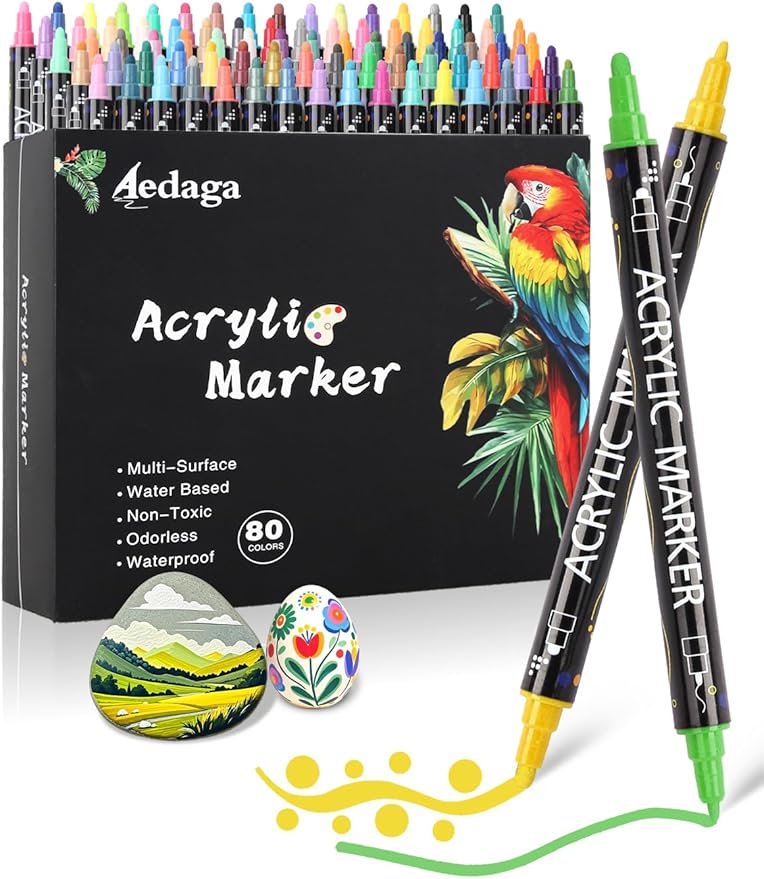 80 Colors Acrylic Paint Pens,Acrylic Paint Markers Dual Tip with Fine Tip and Dot Tip,Dot Marker for Adults, Glass, Stone, Wood, Canvas, Paper, Pottery