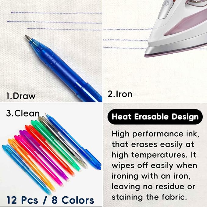Jauisus 12 Pcs Heat Erasable Pens for Fabric, 0.5mm Heat Erasable Fabric Marking Pens for Sewing, DIY Dressmaking Embroidery Pen Fabric Markers Sewing Accessories Supplies Quilting Gifts (8 Colors)
