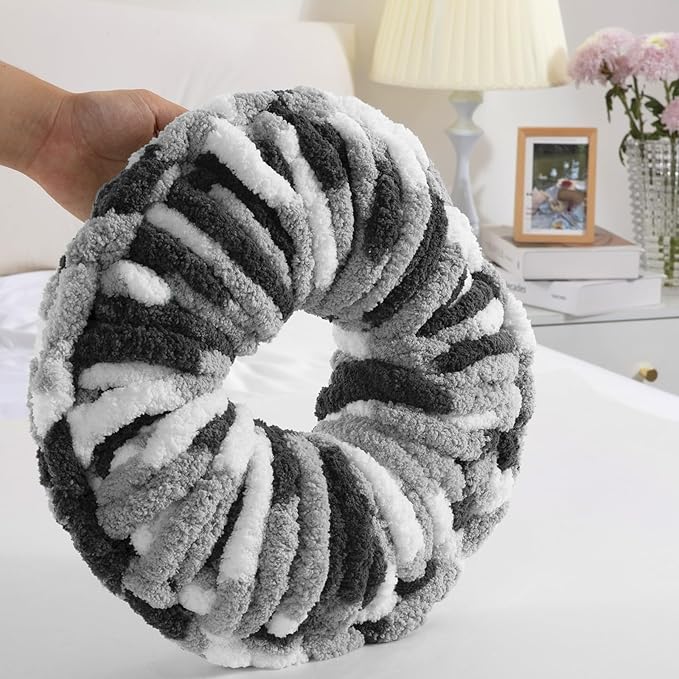 HOMBYS 18 Pack Giant Chunky Yarn for Crocheting,Super Bulky Large Soft Fluffy Yarn,Tie Dye Plush Fuzzy Yarn,Mixed Color Thick Chenille Yarn for Hand Knitting/Arm Knitting (Black, White, Grey)