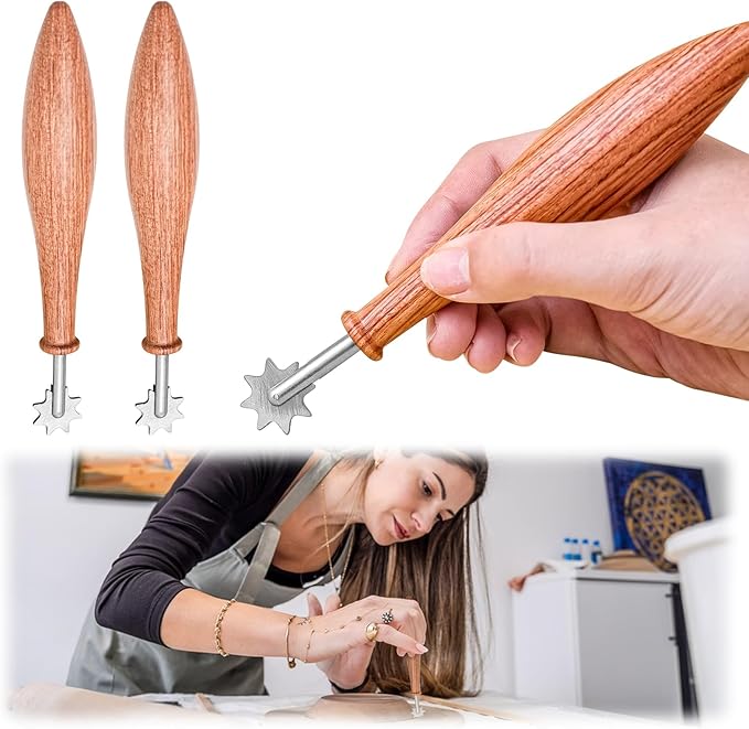 2PCS Wood Clay Pattern Roller Tool, Wooden Handle Pottery Tools with Stainless Steel Roller Head and Rosewood Handle, for Pottery, Ceramics & DIY Handcrafts