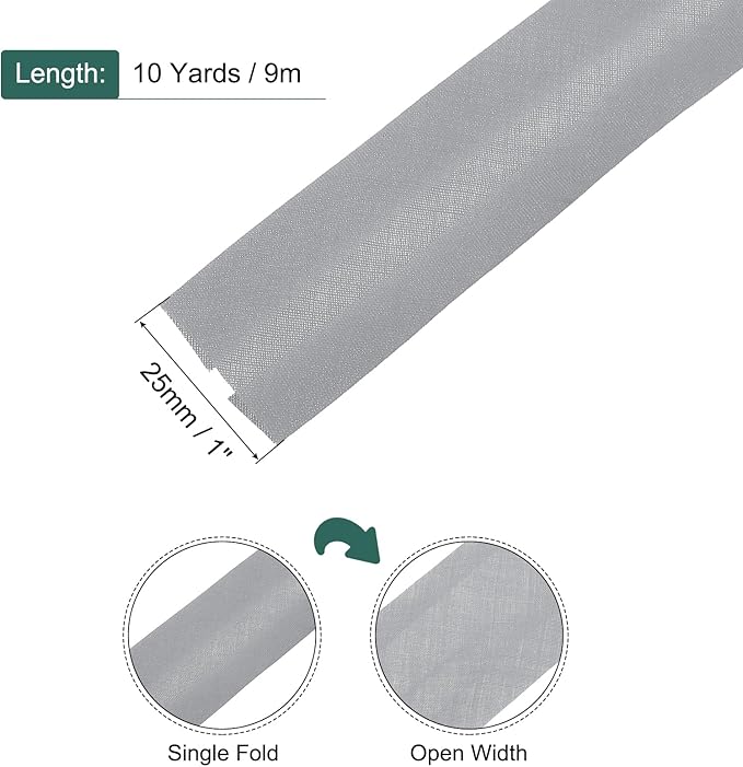 MECCANIXITY 1 Inch Single Fold Bias Tape Cotton Continuous Bulk Bias Tape for Sewing,Seaming Quilting Hemming Binding Crafts (White Gray 10 Yards)