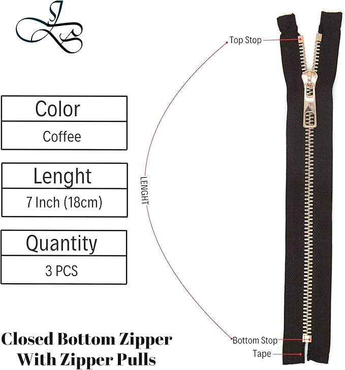#5 Gold Metal Zipper - 50+ Colors - 3 PCS - (4-14 inches) Sizes - Luxury Lightweight Handcraft Metal Zippers with pulls for Purses Bags Pockets Shoes Sewing & Crafts DIY ZP02506