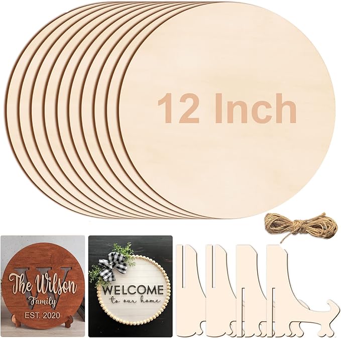12 Inch Wood Circles for Crafts, 10Pcs Unfinished Wood Rounds with Holders for Cricut Projects, Burning, Painting, Door Hanger, DIY Wooden Crafts Holiday Christmas Thanksgiving Day Home Decor(10PCS)
