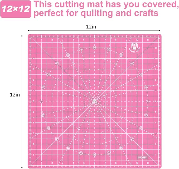 Headley Tools 12"x12" Rotating Cutting Mat, Self Healing Mat with 360-Degree Rotation & Anti-Slip Base, Sewing Board Cutting Mat Perfect for Fabric Quilting Leather Hobby Project，Pink