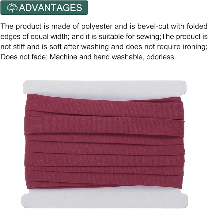 MECCANIXITY 1/2 Inch Double Fold Bias Tape Continuous Bulk Cotton Bias Tape for Sewing Seaming Quilting Hemming Binding Crafts (Wine Red 12 Yards)