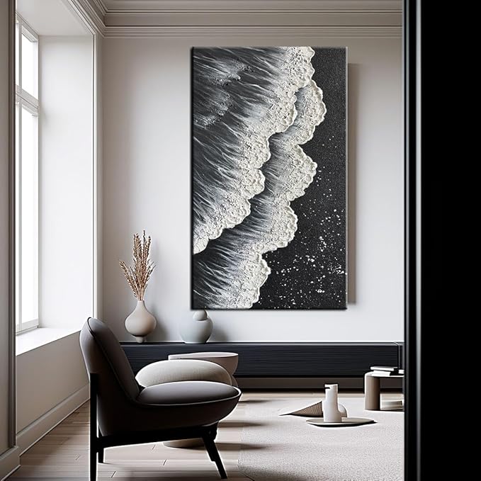 YaSheng Art - Oil Painting on Canvas Texture Black and White Ocean scenery sandbeach 3D Oil Painting Hand-Painted Abstract Artwork Paintings Modern Home Decor Living room sofa bedroom dining room hanging pictures Canvas Wall Art 24x48inch