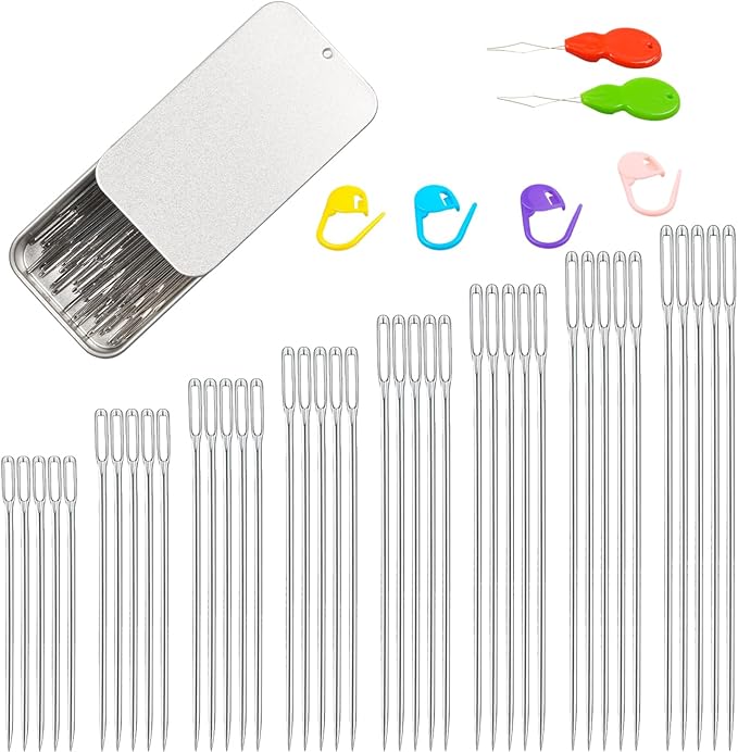 40PCS Large Eye Sewing Needles, 8 Sizes Hand Sewing Sharp Needles, Embroidery Needle, Leather Needle,Stainless Steel Yarn Needles with Threaders & Stitch Markers (Silver)