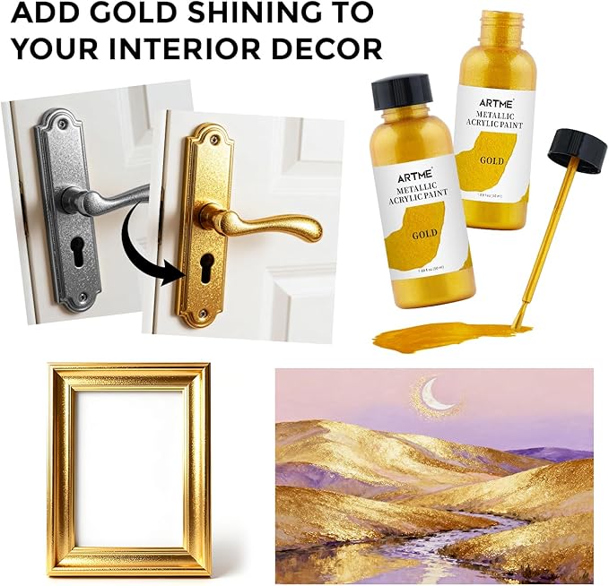 ARTME Liquid Gold Leaf Paint, 1.69 oz/50 ml Acrylic Metallic Gold Paint for Art Painting, Handcrafts, Non-Toxic, Non-Fading Touch Up Paints Ideal for Canvas, Wood, Fabric, Ceramic, Metal, Furniture