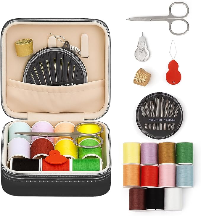 Saipe Portable Sewing Kit Basic Needle and Thread Kit for Beginners and Advanced Sewing Supplies and Accessories Stylish Case with Thread in 11 Colors, Scissors, Needles and Threader (Black)