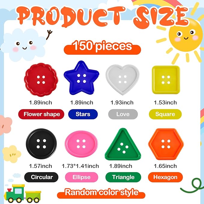 Taiyin 150 Pieces Big Bright Buttons for Kids 8 Vivid Colors and 8 Large Shapes for Crochet Knitting Arts and Crafts Projects Hand Made Gifts