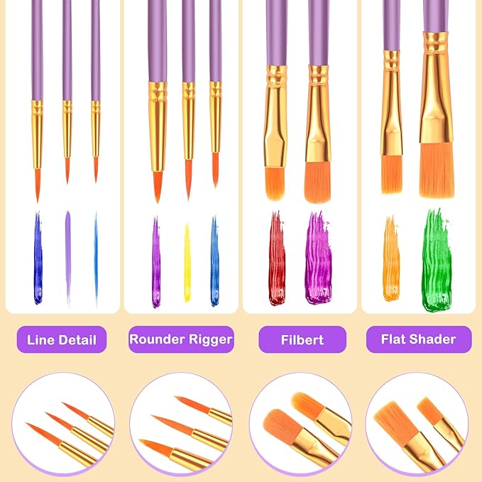 ESRICH Acrylic Paint Brushes Set, 10 Packs/ 100 Pcs Watercolor Brushes,Nylon Brush Head, for Oil Painting, Gouache, Face,Ceramics etc, Kid's and Adults Painting Arts and Crafts Paint Sets.