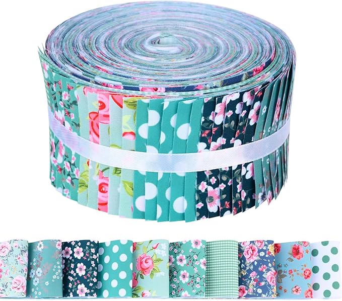 50 Pcs Green Blue Floral Jelly Fabric Strips Roll for Quilting Crafting Spring Summer Flower Precut Patchwork for Sewing DIY Crafts 2.55 Inch Polyester-Cotton Fabric Bundles