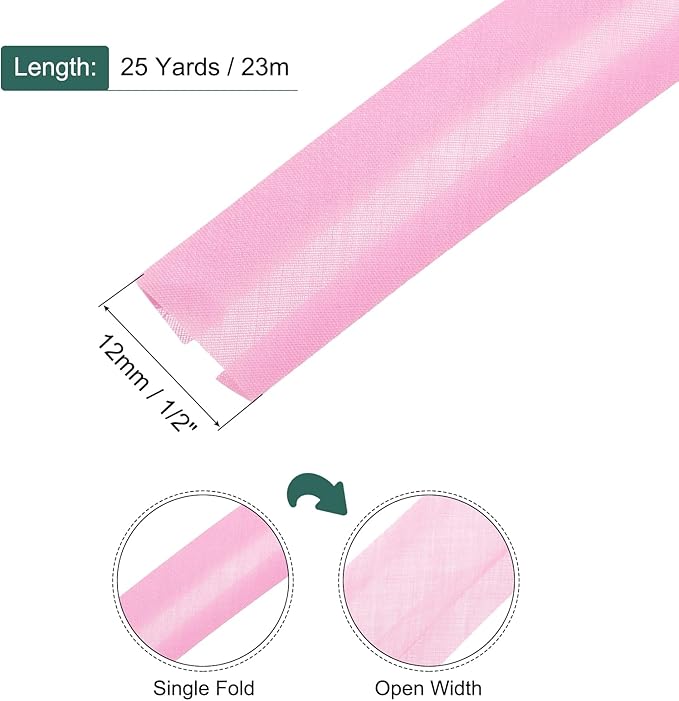 MECCANIXITY 1/2 Inch Single Fold Bias Tape Polyester Continuous Bulk Bias Tape for Sewing, Seaming Quilting Hemming Binding Crafts (Pink 25 Yards)