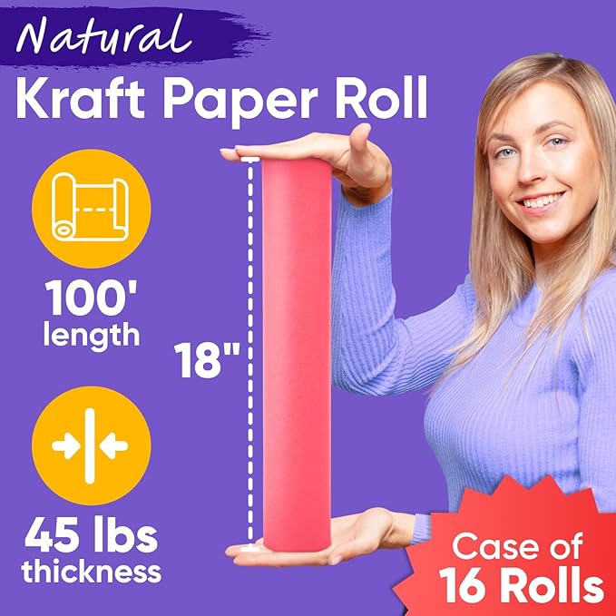 18" x 1200" (100 ft) Pink Kraft Paper (Case of 16 Rolls), 45 lbs Thickness, Made in USA Kraft Paper for School, Art Colored Paper, Gift Wrapping Paper, Packing Paper for Moving
