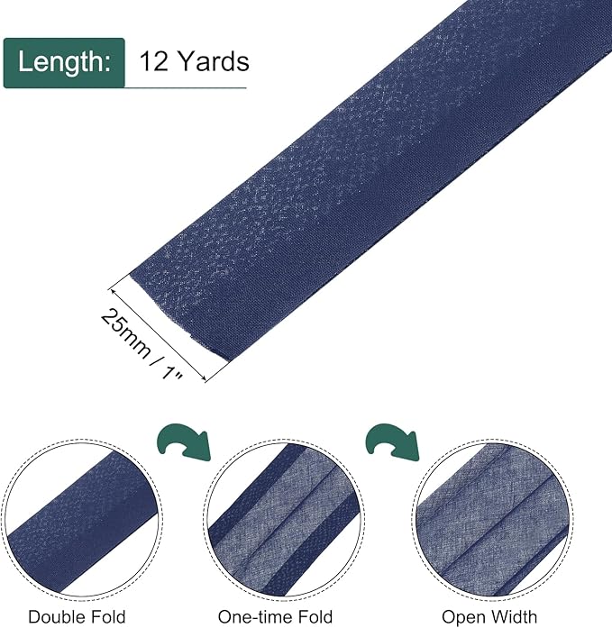 MECCANIXITY 1 Inch Double Fold Bias Tape Continuous Bulk Cotton Bias Tape for Sewing Seaming Quilting Hemming Binding Crafts (Navy Blue 12 Yards)
