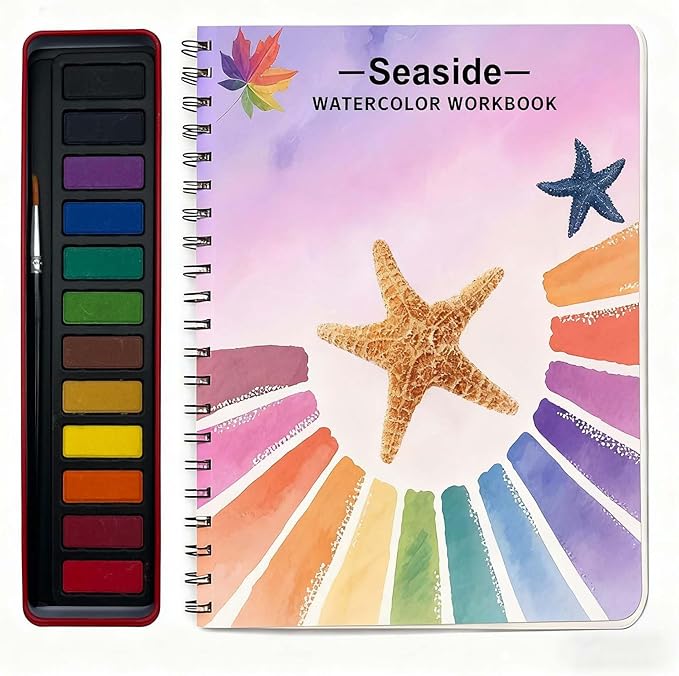 Watercolor Workbooks, Beginner Watercolor Painting Kit – 12 Colors Paint Set with Brush – Perfect for Gifting to Spark Creativity & Joy for Adults （Seaside）