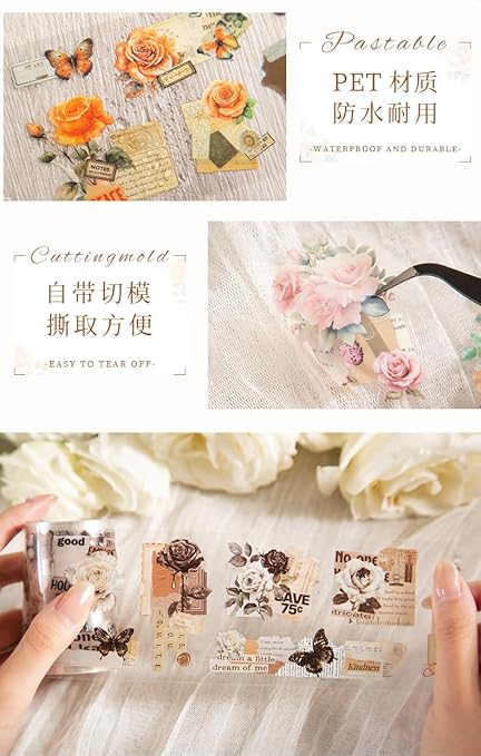 Alideco 6pcs Decorative Adhesive Tapes Fresh Literary Girl Botanical Flower Landscape PET Tape Great for Bullet Journal Supplies, Arts, Scrapbook, DIY Crafts, Planners (meiguixuyu)