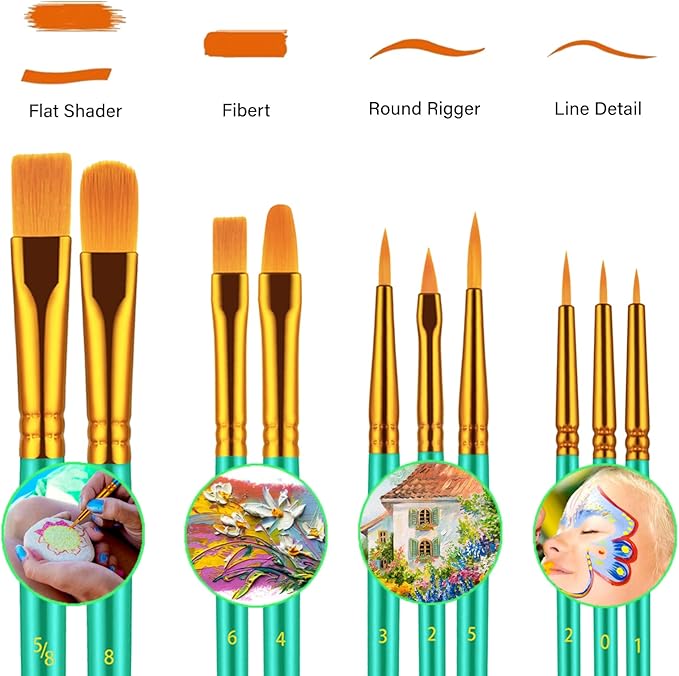 Paint Brush Set, 10 Pcs Paint Brushes for Acrylic Painting, Round Pointed Tip Detail Small Paint Brush for Oil Watercolor Canvas Face Body Boards Rock, Adult Drawing Arts Crafts Supplies, Green