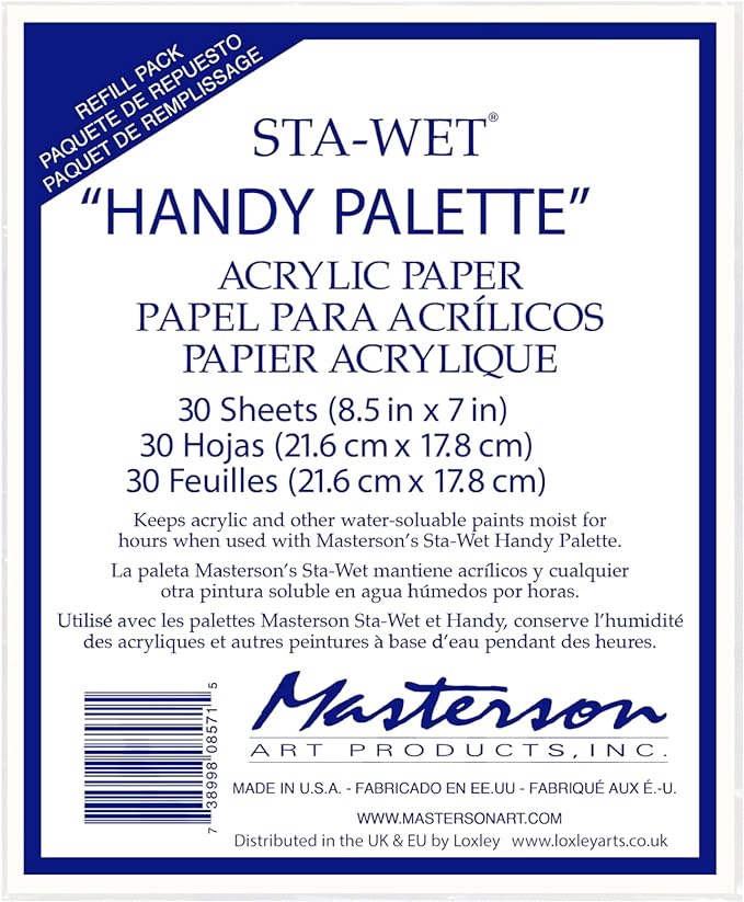 Masterson Sta-Wet Handy Palette Bundled Set, 8.5in x 7in Airtight Wet Painting Palette, with 30 Acrylic Paper Refill Sheets and 3 Sponge Refill Pack, Keeps Wet Paint Fresh for Days, Made in USA