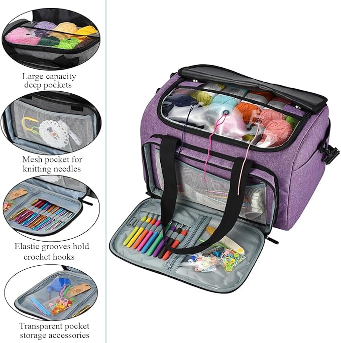 Weabetfu Large Crochet Bag Knitting Bags and Totes Organizer Huge Yarn Bag Storage for Crocheting Knitter,Crochet Hooks,Knitting Needles Kit,Supplies,Yarn - Ideal Crochet & Knitting Gift(Purple)