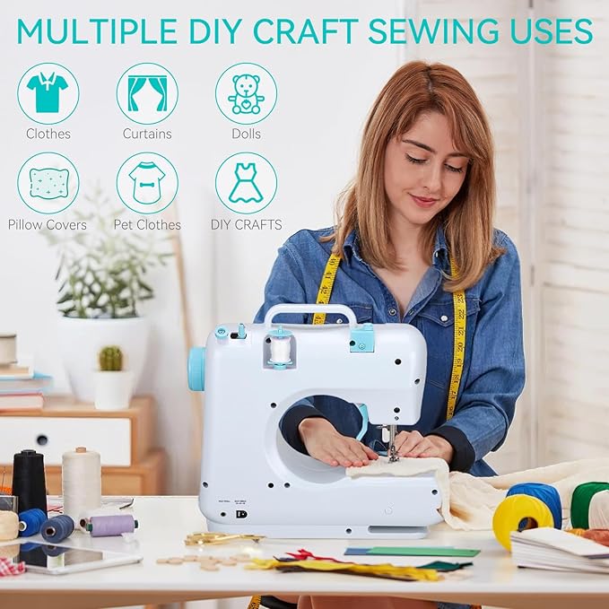 Mini Sewing Machine for Beginners, Portable Electric Sewing Machine with Dual Speed, 12 Built-in Stitches, Foot Pedal, and Accessories Kit for Home DIY Projects & Gift, Blue