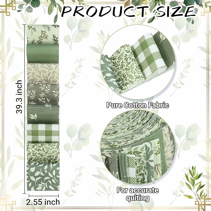40 Pcs Sage Green Floral Cotton Jelly Fabric Strips Spring Sage Leaves Fabric Strips for Quilting Crafting Precut Patchwork for Gift Sewing DIY Crafts