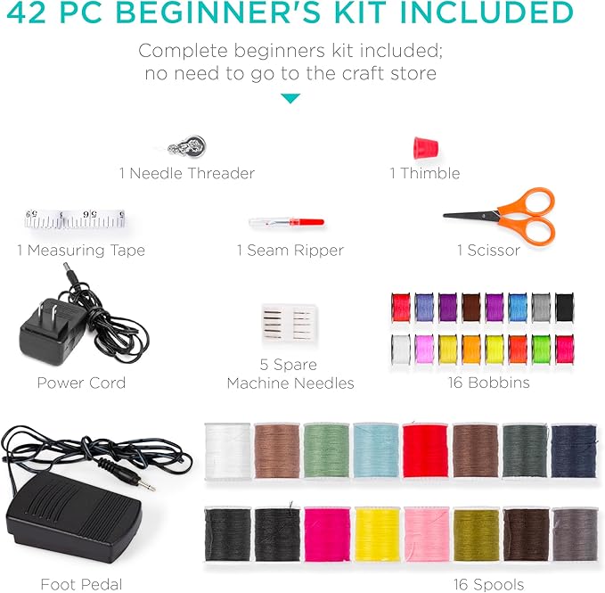 Best Choice Products Compact Sewing Machine, 42-Piece Beginners Kit, Multifunctional Portable 6V Beginner Sewing Machine w/ 12 Stitch Patterns, Light, Foot Pedal, Storage Drawer - Teal/White