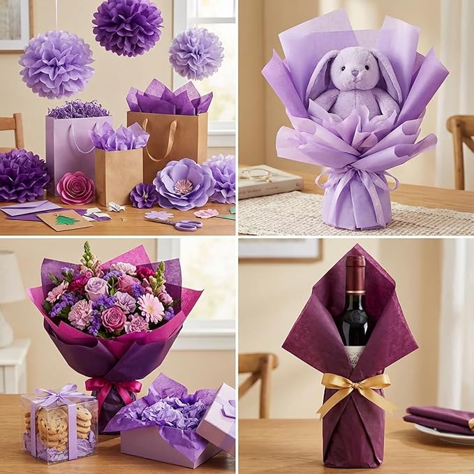 Qilery 500 Sheets Purple Tissue Paper Bulk for Gift Bags Flower Wrapping 15 x 20 Inch Acid Free Packaging Lavender Paper Sheets for Valentine's Day Easter Decoration DIY Craft, Wedding Party, Shipping