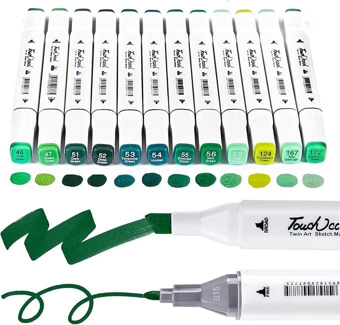 12Pcs Alcohol Markers Pure Color Series,Chisel & Fine Dual Tip Art Solid Color Markers Set for Adults Beginner Drawing Sketching Illustration (Green)