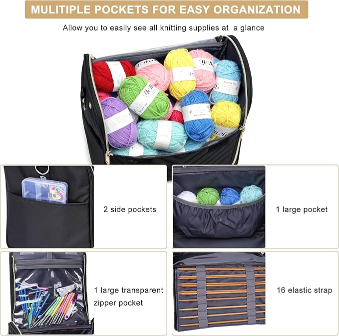 Crochet Bag with Hanging Hook - Portable Yarn Storage Bag, Large Capacity Door Room Essentials Travel Organizer for Crochet Hooks, Crochet Accessories, Black