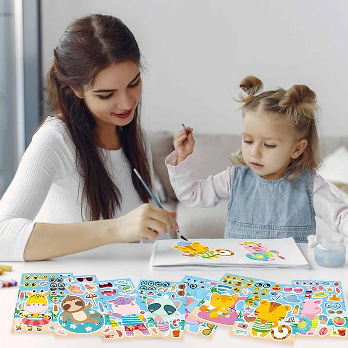 24 Sheets Summer Stickers for Kids Toddlers, Make Your Own Sticker with 8 Designs of Animal Elephants Giraffes Hippos Pigs, Animal Make a Face Stickers for Summer Holiday Party Favors