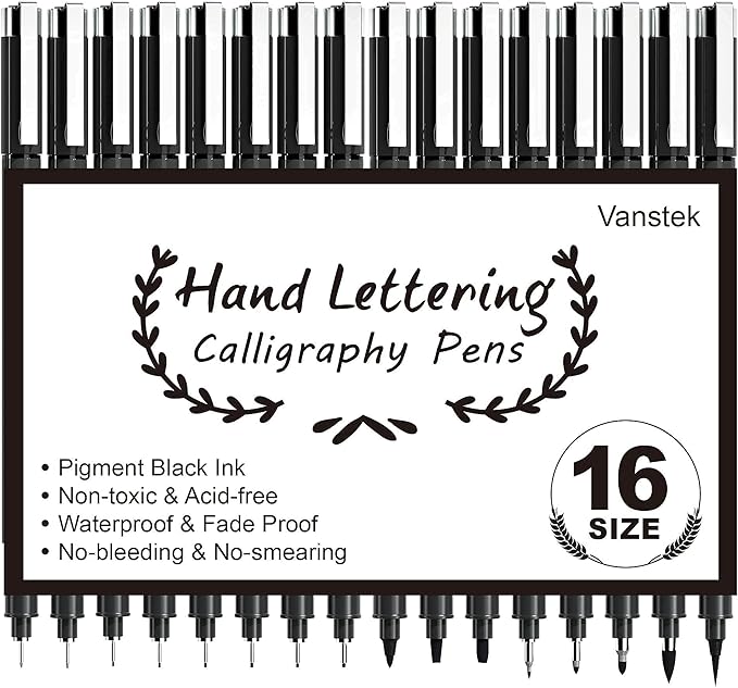 Vanstek 16 Pack Hand Lettering Pens, Calligraphy Pens Markers, Black Ink for Beginners Writing, Lettering, Journaling, Art Drawing, Signature, Illustrations and Office School Supplies