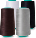 Serger Thread 4 Pack, All-Purpose Sewing Thread Polyester,4 Cones of 3000 Yards Each Spool,Cone Thread for Sewing Machine,140S/2 (Black,White,Brown,Grey)