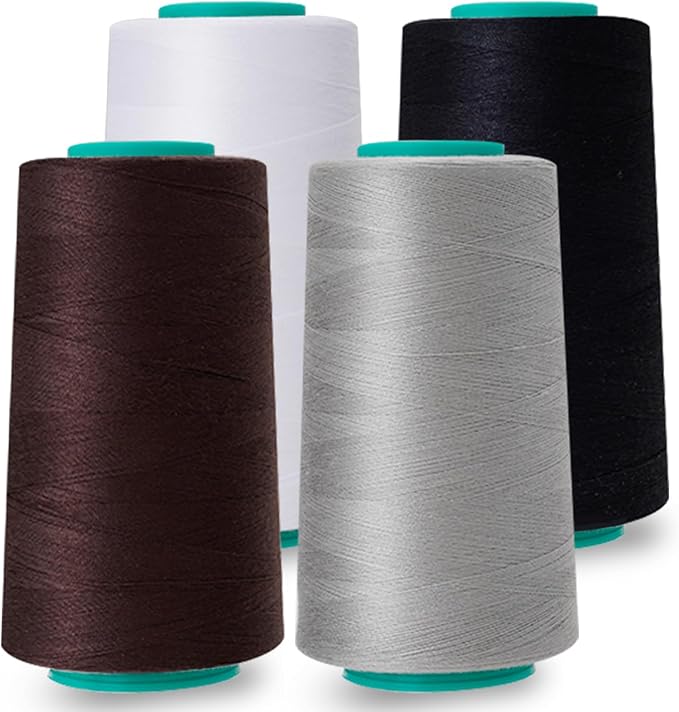 Serger Thread 4 Pack, All-Purpose Sewing Thread Polyester,4 Cones of 3000 Yards Each Spool,Cone Thread for Sewing Machine,140S/2 (Black,White,Brown,Grey)