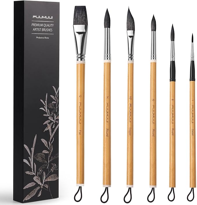 Watercolor Brush Set, Fuumuui 6Pcs Professional Mixed Squirrel Hair Bamboo Paint Brushes with Dagger Flat Round Detail for Watercolor, Acrylic, Gouache Painting