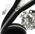 #5 Silver Metallic Nylon Coil Zippers by The Yard, Black Tape Bulk 10 Yards with 25PCS Silver Sliders Pulls for Sewing Crafts Bags YIGUANXIN