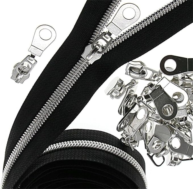 #5 Silver Metallic Nylon Coil Zippers by The Yard, Black Tape Bulk 10 Yards with 25PCS Silver Sliders Pulls for Sewing Crafts Bags YIGUANXIN