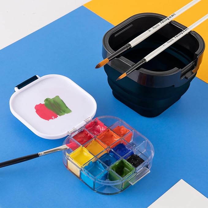 Falling in Art Paint Palette, Airtight 16 Wells Storage Palette Box with Lid and Folding Paint Brush Basin for Watercolor, Gouache and Acrylic Painting (Blue)