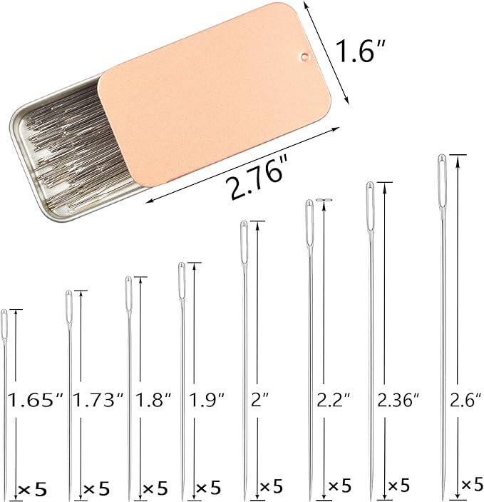 40PC Large & Medium Eye Sewing Needles - 8 Sizes, Embroidery & Leather, Stainless Steel Yarn Needles with Threaders & Stitch Markers (Rose Gold)