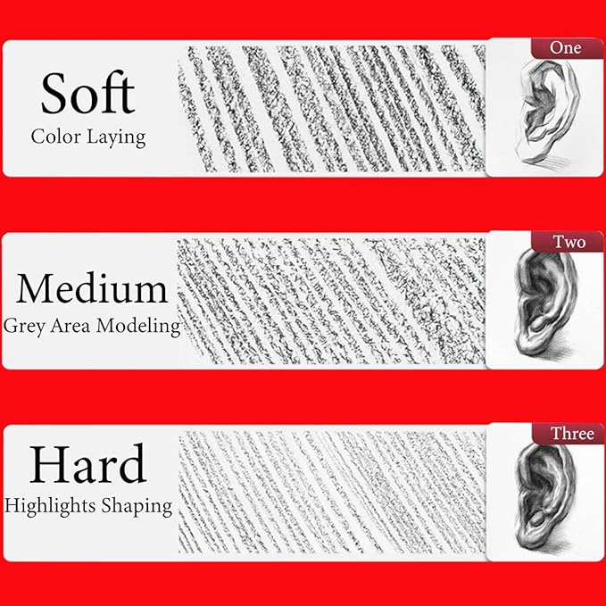 Professional Charcoal Pencils for drawing, Set of 6, Black Charcoal Drawing Pencils (Soft, Medium, Hard), Art Supplies for Drawing Sketching, Shading