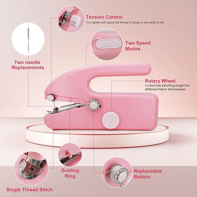 Handheld Sewing Machine for Beginners, Portable Mini Sewing Machine with Two Speed Modes, Easy to Operate and Fast Stitch Suitable for Clothes, Fabrics and Quick Home Repairs (Pink)