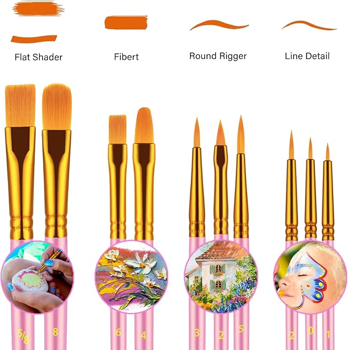 Paint Brushes Set, 60 Pcs Paint Brushes for Acrylic Painting, Oil Watercolor Acrylic Paint Brush, Artist Paintbrushes for Body Face Rock Canvas, Adult Drawing Arts Crafts Supplies, Pink