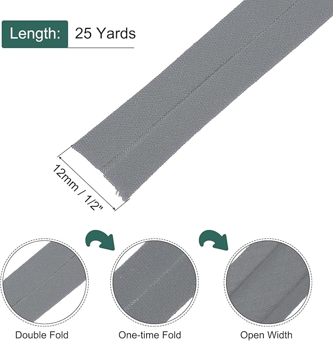 MECCANIXITY 1/2 Inch Single Fold Bias Tape Cotton Continuous Bulk Bias Tape for Sewing,Seaming Quilting Hemming Binding Crafts (White Gray 25 Yards)